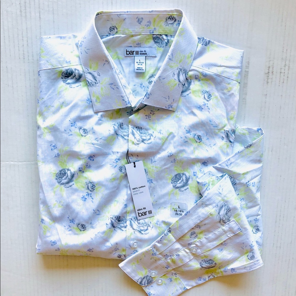 Bar III Men’s Slim Fit Dress Shirt, White Grey Lime Floral, Size 16-16 1/2 34/35